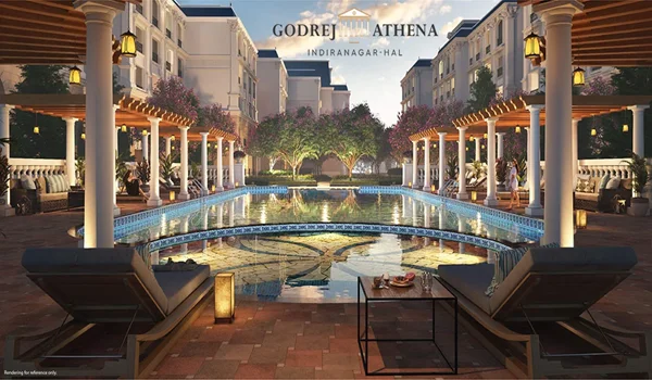 Exterior view of the Godrej Athena residential project featuring Greco-Roman architecture in Indiranagar Extension, Bangalore.